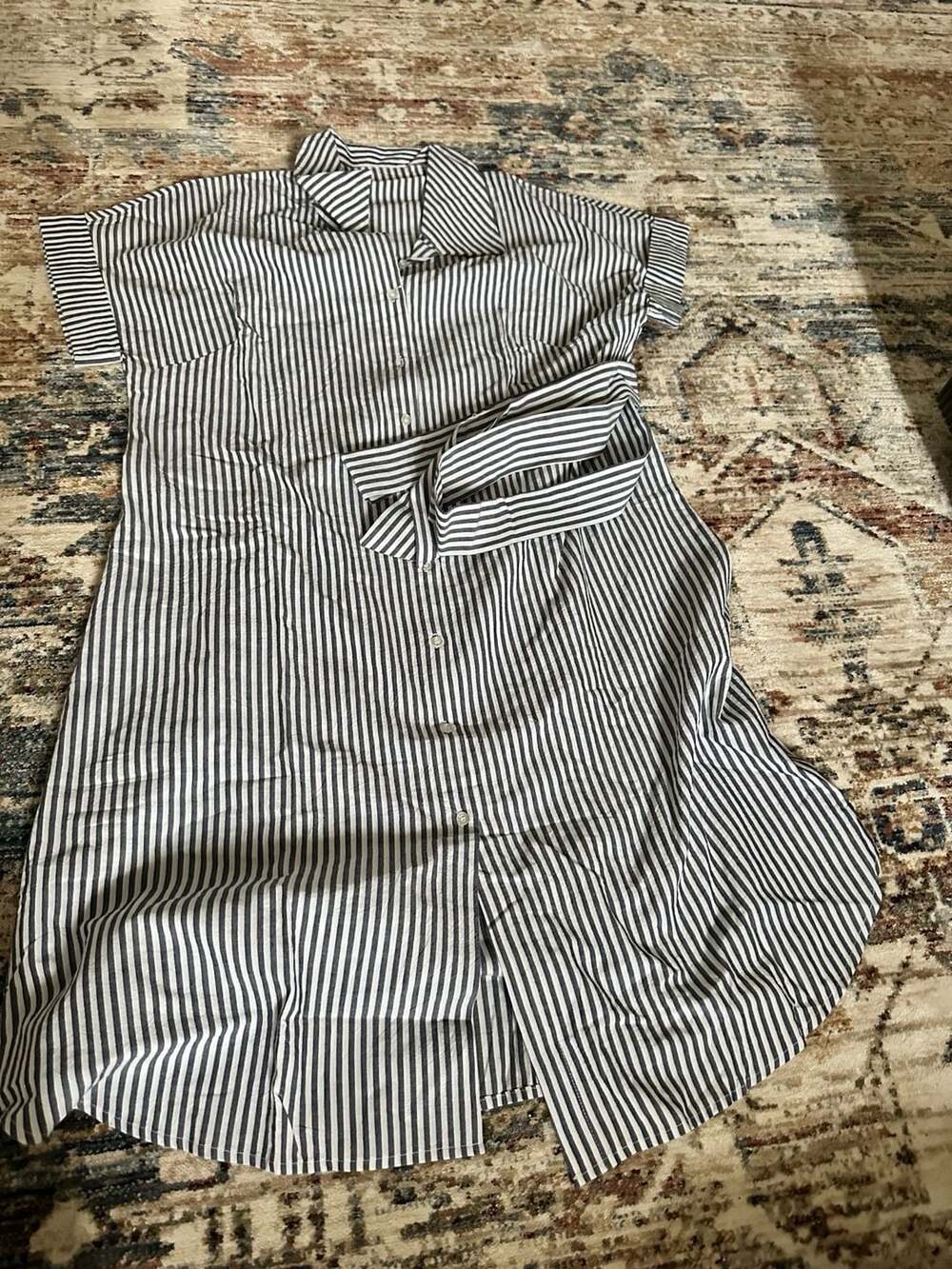Chouyatou Women's Striped Cotton Button-Down Shirt Dress with Belt